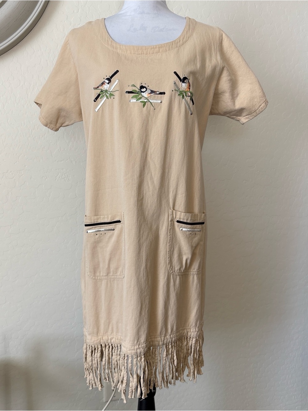 Vintage Beige cotton Fringe Mini Dress with Embroidered Birds two pockets M-L
